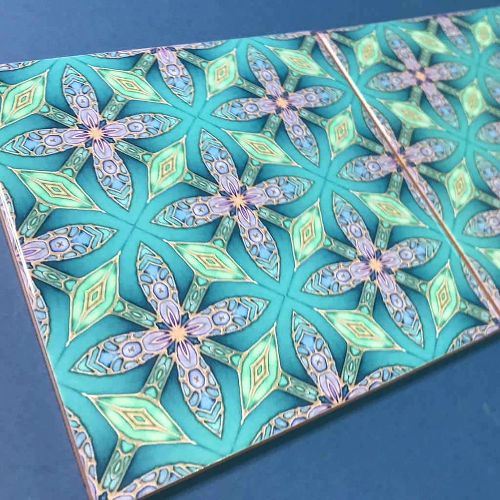 Arts and Crafts Style Aqua Green Turquoise Lilac Fretwork Petal Cross Tiles - Beautiful Green Turquoise Tiles - Bohemian Ceramic printed  Tiles