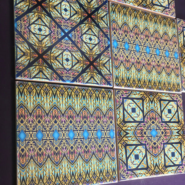 Cathedral Windows Mixed Tiles Set - Blue Purple Green Gold Tiles - Beautiful Bohemian Tiles