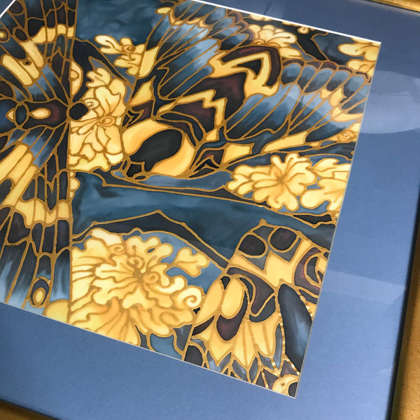 Moth on Lichen Painting - contemporary hand painted silk Butterflies - Blue Yellow Butterfly Original Art