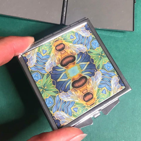 Blue Green Gold Bumble Bee Pocket Mirror - Pretty Handbag Mirror - Gift for Her