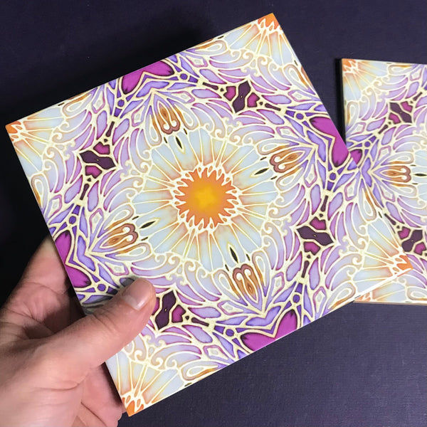 Pretty Stylised Daisy Tiles - Creamy White and Plum Bohemian Ceramic Printed Tiles