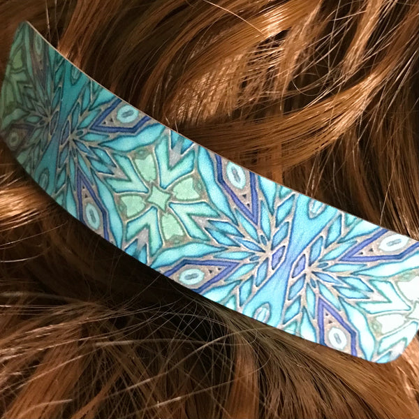 Teal Aqua Green Mosaic Look Hair Barrette - Arts and Crafts Style Hair Clip