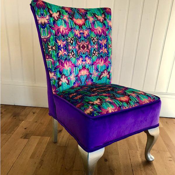 SOLD Purple Irises Bedroom Chair - Iris Flowers Small Chair - Bespoke Upholstery.