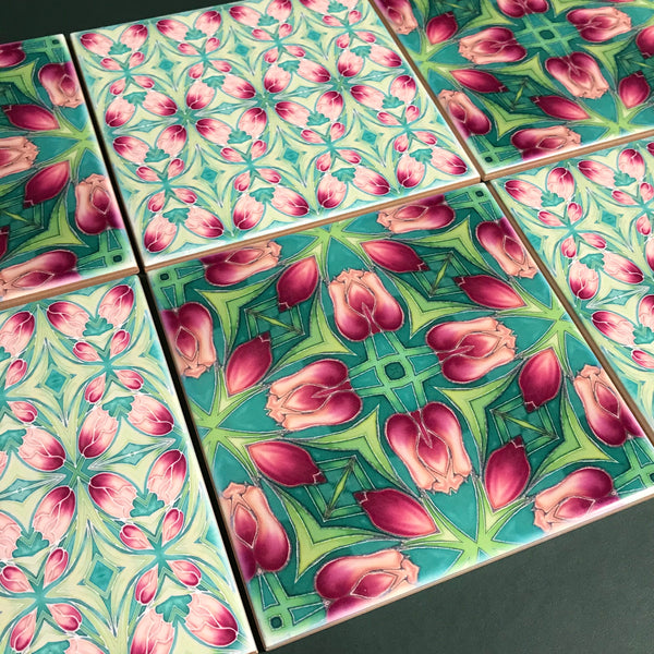 Pink Tulip Mixed Set of Bathroom Tiles - Arts and Crafts Look Bright Bohemian Kitchen Tiles