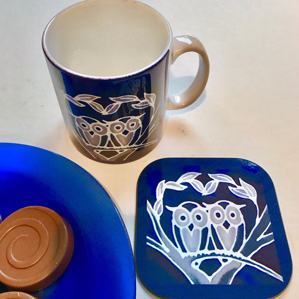 Owls Mug & Coaster - Blue Owl Mug Set - Owl Mug Gift - Woodland Lovers