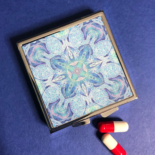 Blue Aqua Turtle Mandala Large Pill Box - Stud Earing Jewellery Box
