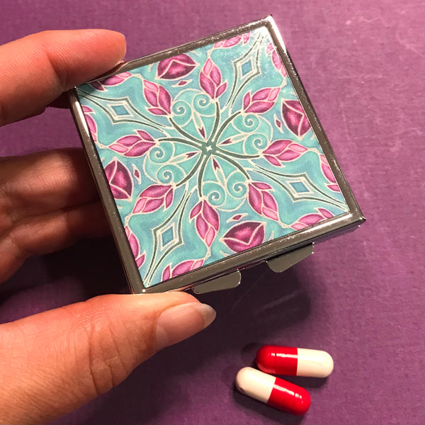 Pretty Pink & Sky Blue Magnolias Large Pill Box - Stud Earing Jewellery Box