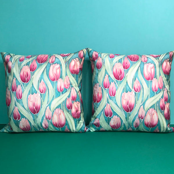 Pink Tulips cushion - printed onto suedette fabric - pink and mint green colours