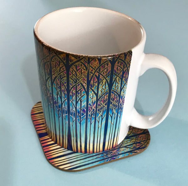 Table mats, Cathedral Trees Coloyrful sunset high quality placemats, coasters, dishwasher and microwave safe mugs in regular and xl sizes, glass chopping boards, counter saver, platters, mouse mats, square table mats, rectangular table mats, round table mats. Set the table. Come to dinner. Home dining.