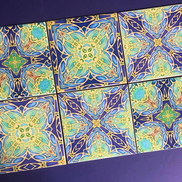 Italian Style Flowers Mixed Tiles Set - Blue Green Gold Tiles - Beautiful Bohemian Tiles