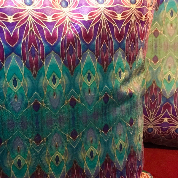 Persian inspired ornate patterned velvet cushions, Mediterranean blue and purple super soft luxurious decorative throw pillows