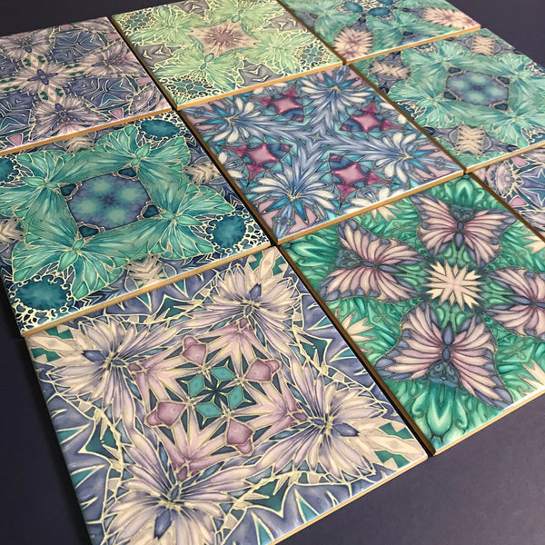 Pretty Pastel Mixed Set of 50 Ceramic Tiles - Pastel Blue Green Lilac Turquoise Bright Bohemian Kitchen Tiles