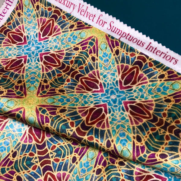 Teal Green Red Lime Gold 'Box Butterflies' Designer 100% Cotton Satin fabric for curtains, upholstery and soft furnishings