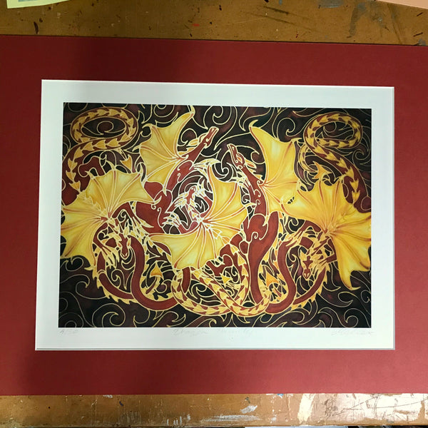 Dramatic Dragon Family Print - Mythical Creatures Art Print - Fiery Red Dragons Print