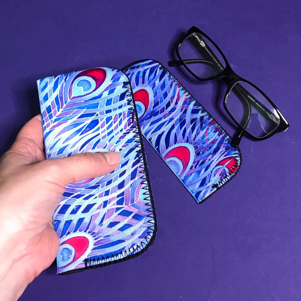 Blue Purple Red Peacock Feathers glasses cover - Reading / Large Glases Cover