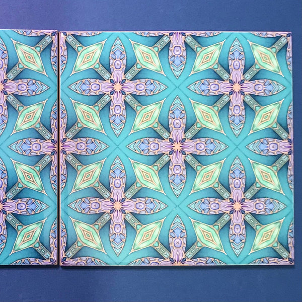 Arts and Crafts Style Aqua Green Turquoise Lilac Fretwork Petal Cross Tiles - Beautiful Green Turquoise Tiles - Bohemian Ceramic printed  Tiles