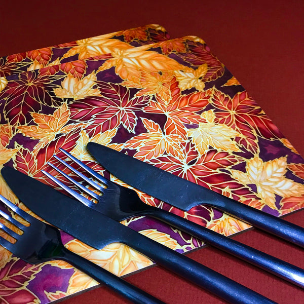 Terracotta Leaves Placemats & Coasters - Caramel Table Mats  - Heatproof glass chopping boards