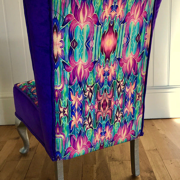 SOLD Purple Irises Bedroom Chair - Iris Flowers Small Chair - Bespoke Upholstery.