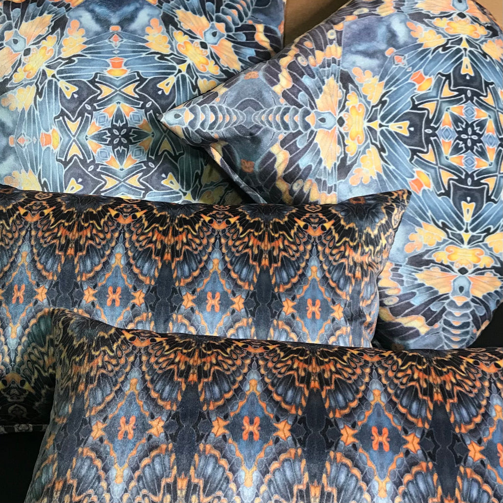 Set of Four Contemporary Grey Black Burnt Orange Velvet Cushions - Dramatic Moth Patterned Kaleidoscope Design Luxury Velvet Cushions