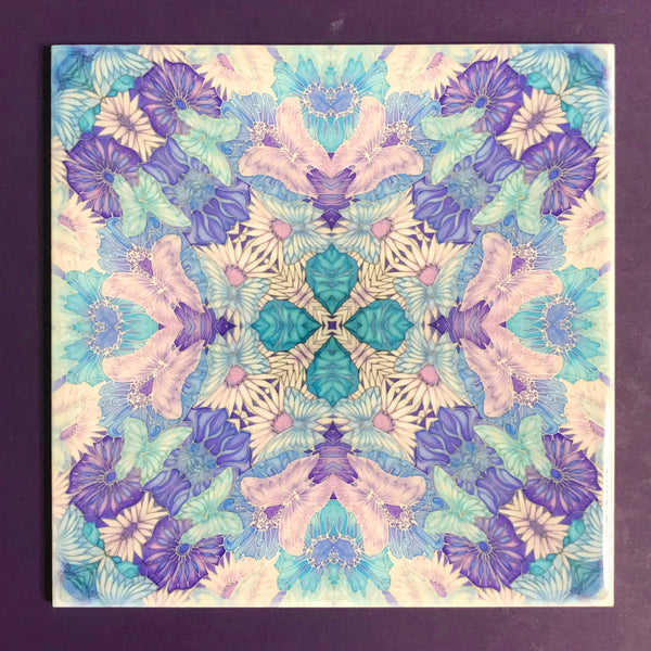 Pretty Stylised Flower Tiles - Lilac Turquoise Bohemian Ceramic Printed Tiles