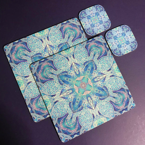 Blue Turtle Mandala Square Mats & Coasters - Sea Life Table Mats