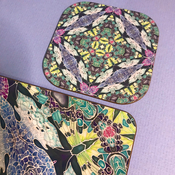 Kaleidoscope Butterfly Square Table Mats & Coasters - Lilac Charcoal Pink and Green Table Mats