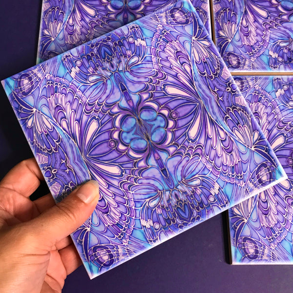 Contemporary Butterfly Tiles - Blue Lilac Tiles  - Bohemian Ceramic Printed Tiles