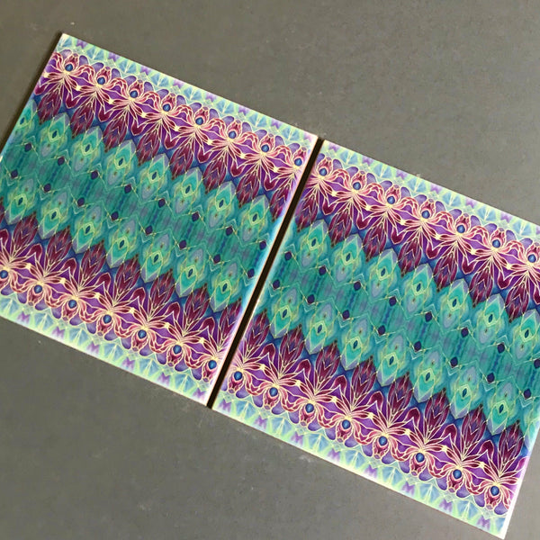 Turquoise Blue and Purple Persian  Style Bathroom Tiles - Bohemian Kitchen Tiles - Orchid Repeat Decorative Tiles