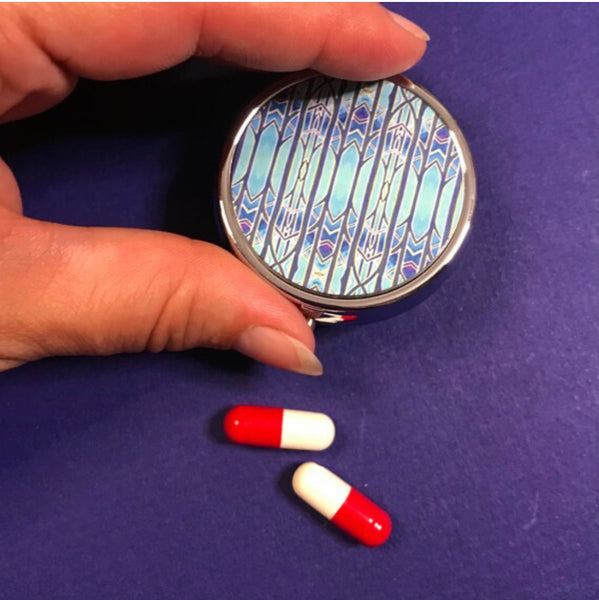 Sky Arches Contemporary Pill Box - Pretty Art Deco Style Blue Round Box - Stud Earing Jewellery Box