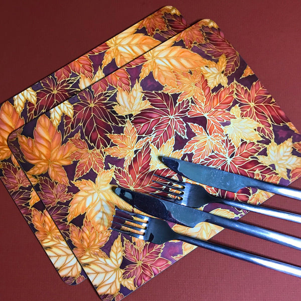 Terracotta Leaves Placemats & Coasters - Caramel Table Mats  - Heatproof glass chopping boards