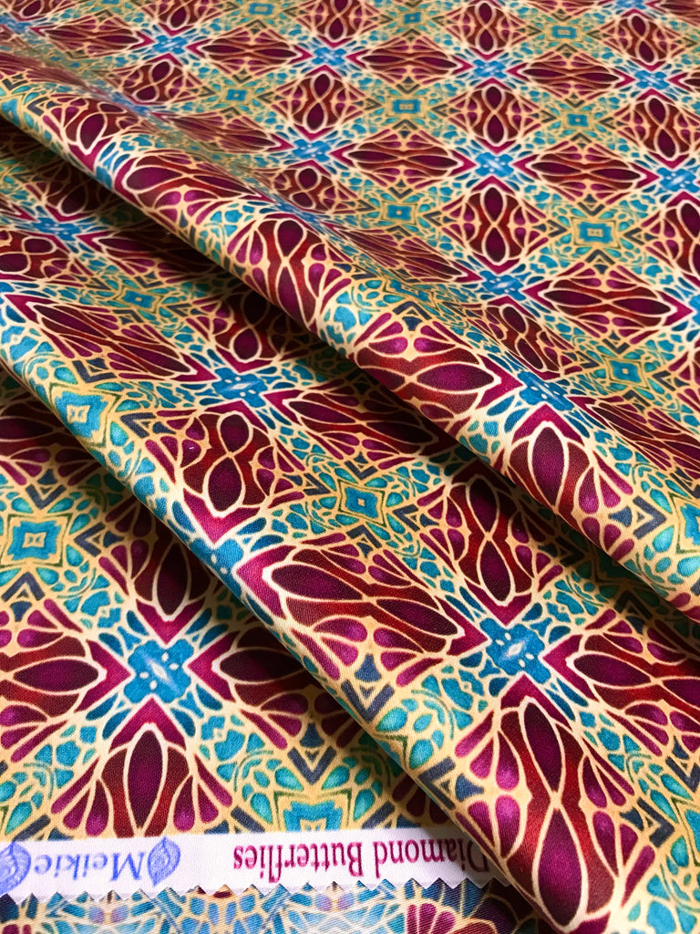 Teal Green Red Lime Gold 'Diamond Butterflies' Designer 100% Cotton Satin fabric for curtains, upholstery and soft furnishings