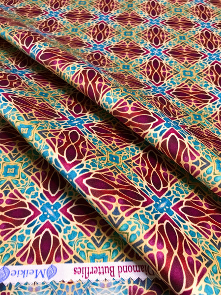 Teal Green Red Lime Gold 'Diamond Butterflies' Designer 100% Cotton Satin fabric for curtains, upholstery and soft furnishings