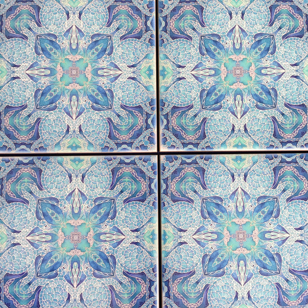 Blue turtle mandala tiles 6x6” squares with a smooth shiny surface, gorgeous aqua ultramarine & royal blue shades, hand printed by Meikie in her Studio. Perfect for a bathroom makeover as a full wall, border or individual tiles set into plain tiles.