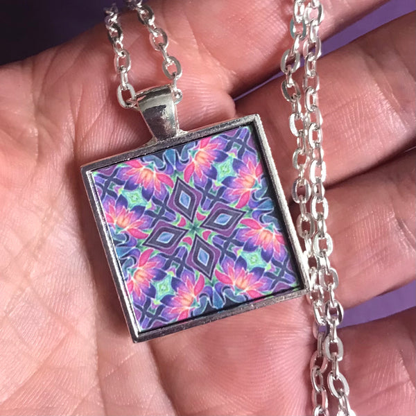 Pink Purple Iris Kaleidoscope Necklace - Square Tile Pendant - Affordable gift