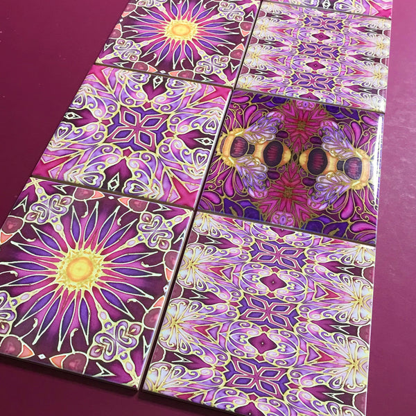 Bees and Flowers Mixed Tiles Set - Plum Purple Gold Tiles - Beautiful Tile - Bohemian Tiles