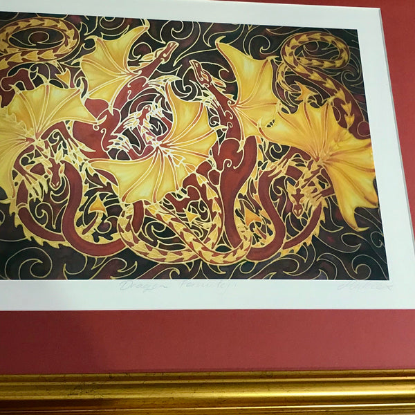 Dramatic Dragon Family Print - Mythical Creatures Art Print - Fiery Red Dragons Print