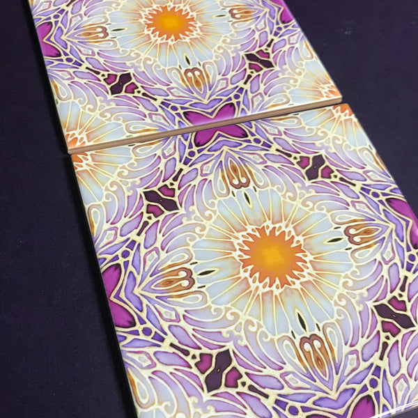 Pretty Stylised Daisy Tiles - Creamy White and Plum Bohemian Ceramic Printed Tiles