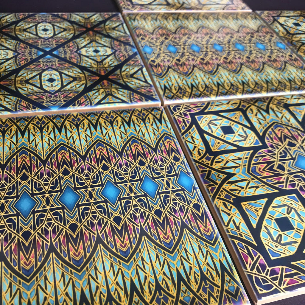 Cathedral Windows Mixed Tiles Set - Blue Purple Green Gold Tiles - Beautiful Bohemian Tiles