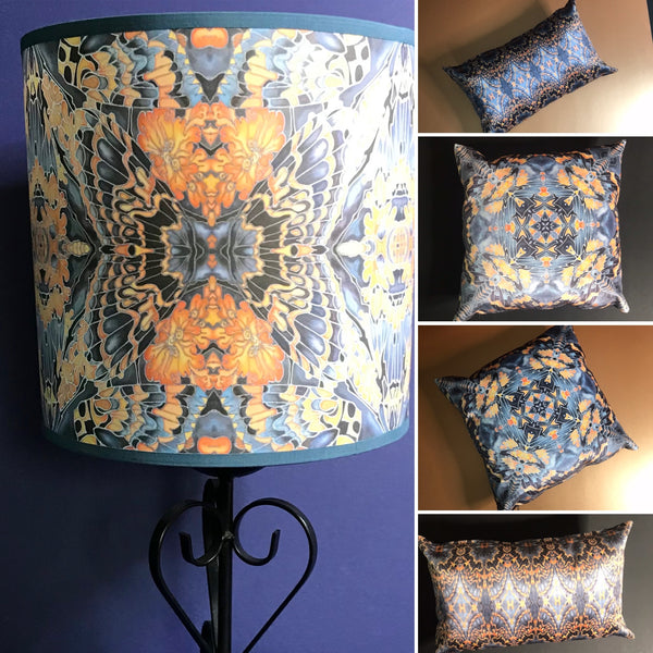 Set of Four Contemporary Grey Black Burnt Orange Velvet Cushions - Dramatic Moth Patterned Kaleidoscope Design Luxury Velvet Cushions