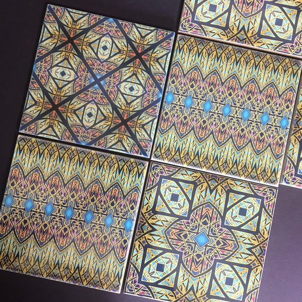 Cathedral Windows Mixed Tiles Set - Blue Purple Green Gold Tiles - Beautiful Bohemian Tiles
