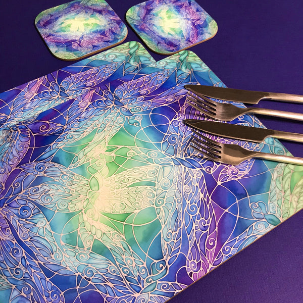 Table Mats Blue Dragonflies - Blue Green Purple Placemats - Blue Dragonfly Coasters