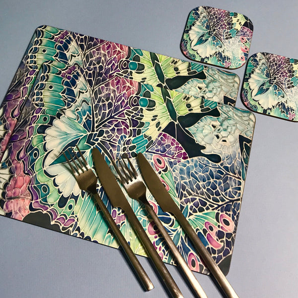 Butterfly on Leaves hard wearing Table Mats - Teal Pink Plum Charcoal Green Tableware