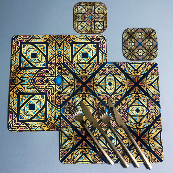 Kaleidoscope Butterfly Square Table Mats & Coasters - Lilac Charcoal Pink and Green Table Mats