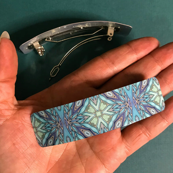 Teal Aqua Green Mosaic Look Hair Barrette - Arts and Crafts Style Hair Clip