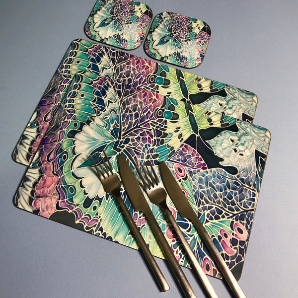 Butterfly on Leaves hard wearing Table Mats - Teal Pink Plum Charcoal Green Tableware