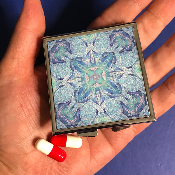 Blue Aqua Turtle Mandala Large Pill Box - Stud Earing Jewellery Box