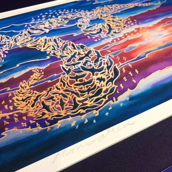 Flying Birds Murmuration Signed Print - Blue Purple Red Gold Print Art