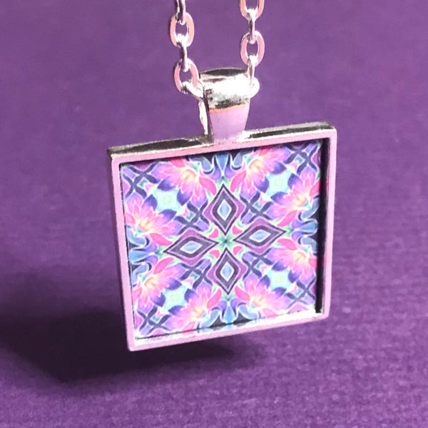 Pink Purple Iris Kaleidoscope Necklace - Square Tile Pendant - Affordable gift