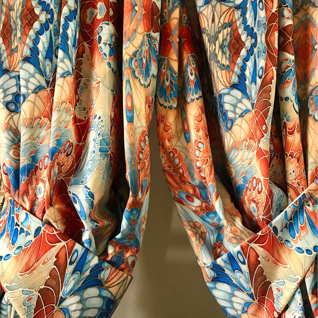 Chenille Butterfly Made to Order Curtains.  Blue Teracotta Bespoke Designer Fabrics