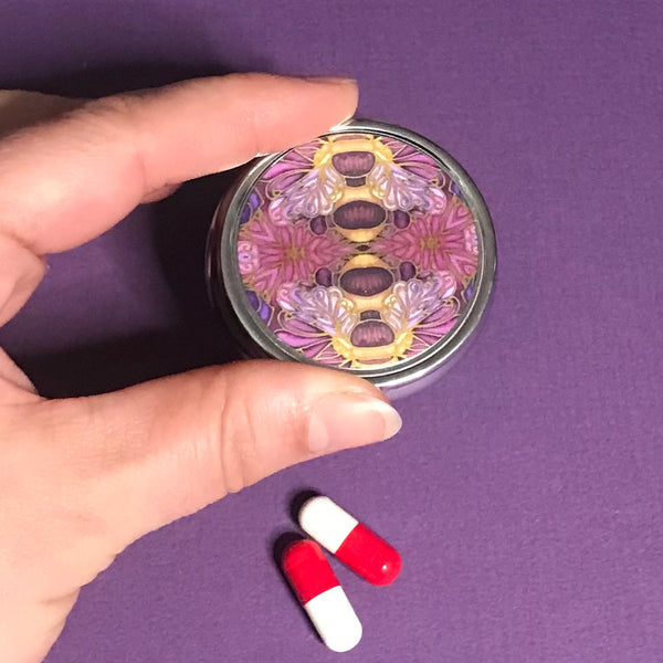 Pink Purple Honey Bee Compact Pill Box - Stud Earing Jewellery Box